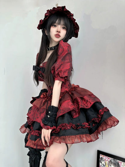 Jacquard Puff Sleeve Vest + Fishbone Corset + Flared Skirt