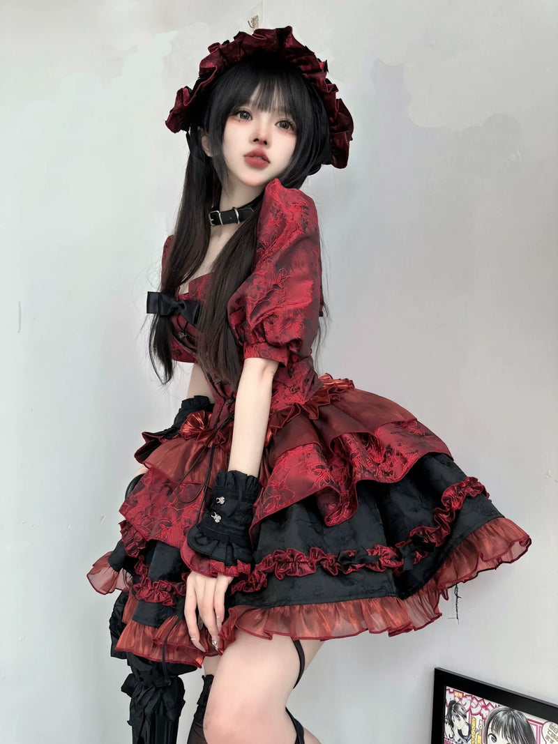 Jacquard Puff Sleeve Vest + Fishbone Corset + Flared Skirt