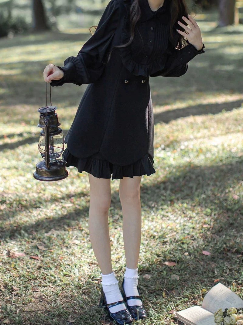 Retro Red Cape Coat + Black Ruffle Fake Two-piece Dress
