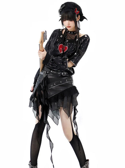 Punk Dark Heart Short Sweatshirt + Inner Top + Skirt + Hat + Necklace