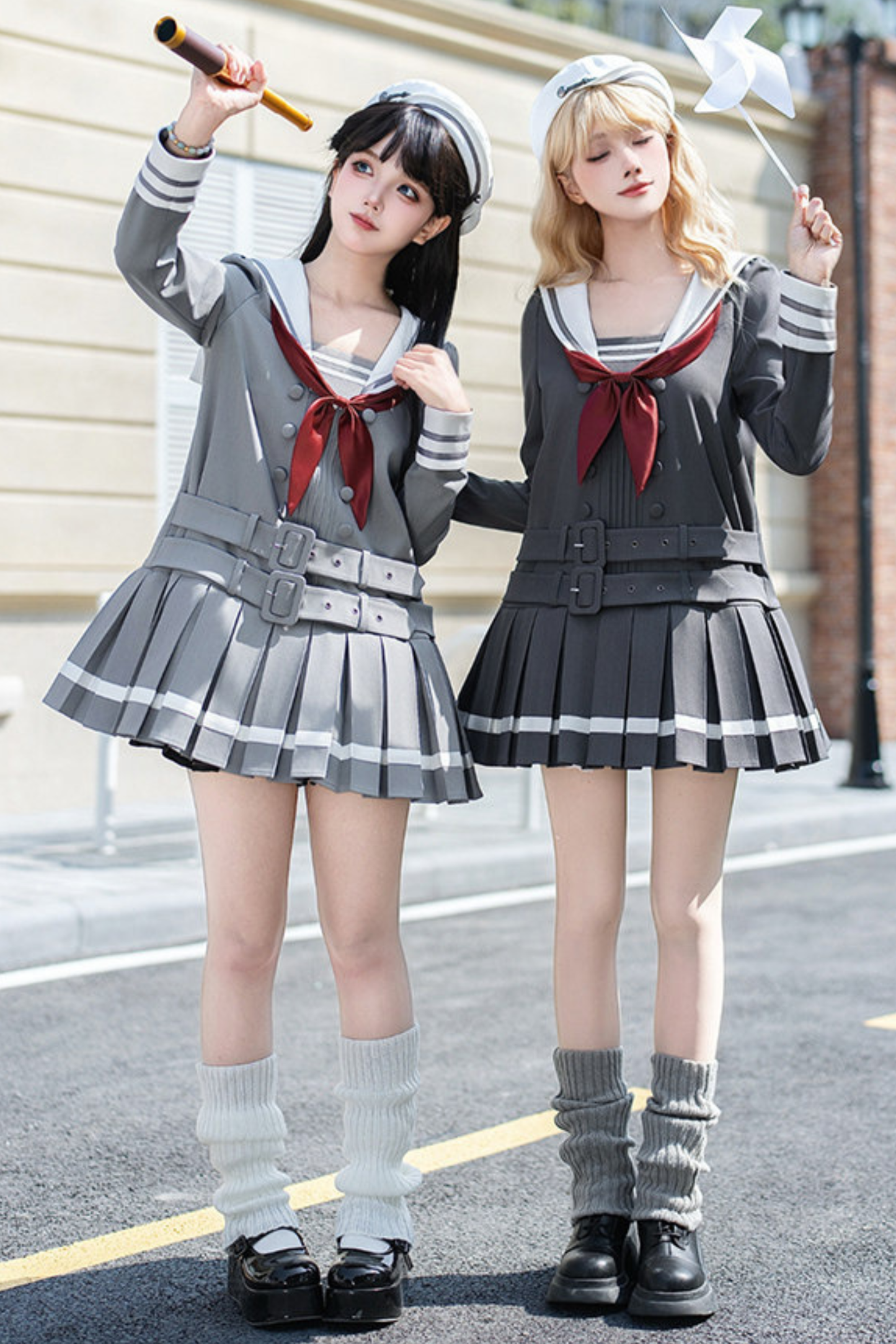 Sailor Collar Pleated College Dress + Ribbon + Hat