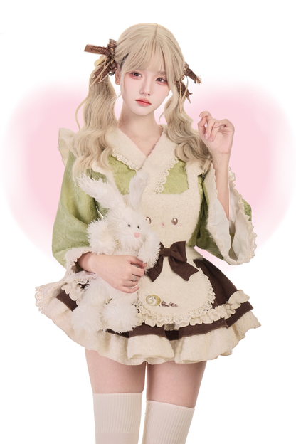 Matcha Roll Japanese Style Top + Kitten Suspender Skirt + Cape With Ribbon