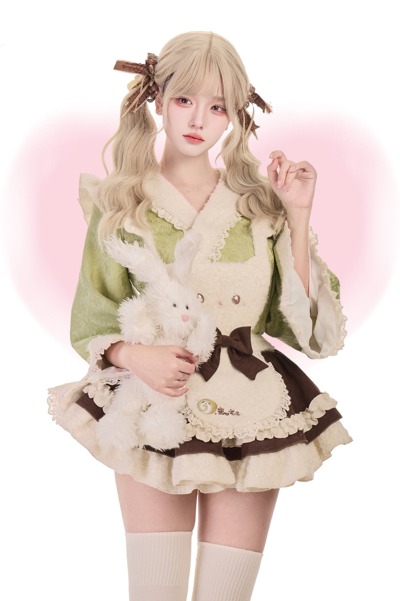 Matcha Roll Japanese Style Top + Kitten Suspender Skirt + Cape With Ribbon