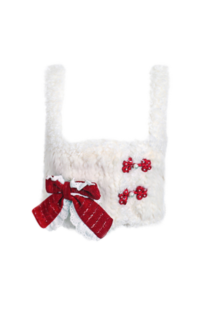 Fur Chinese-style Design Vest + Red Chinese-style Top + Flare Short Skirt
