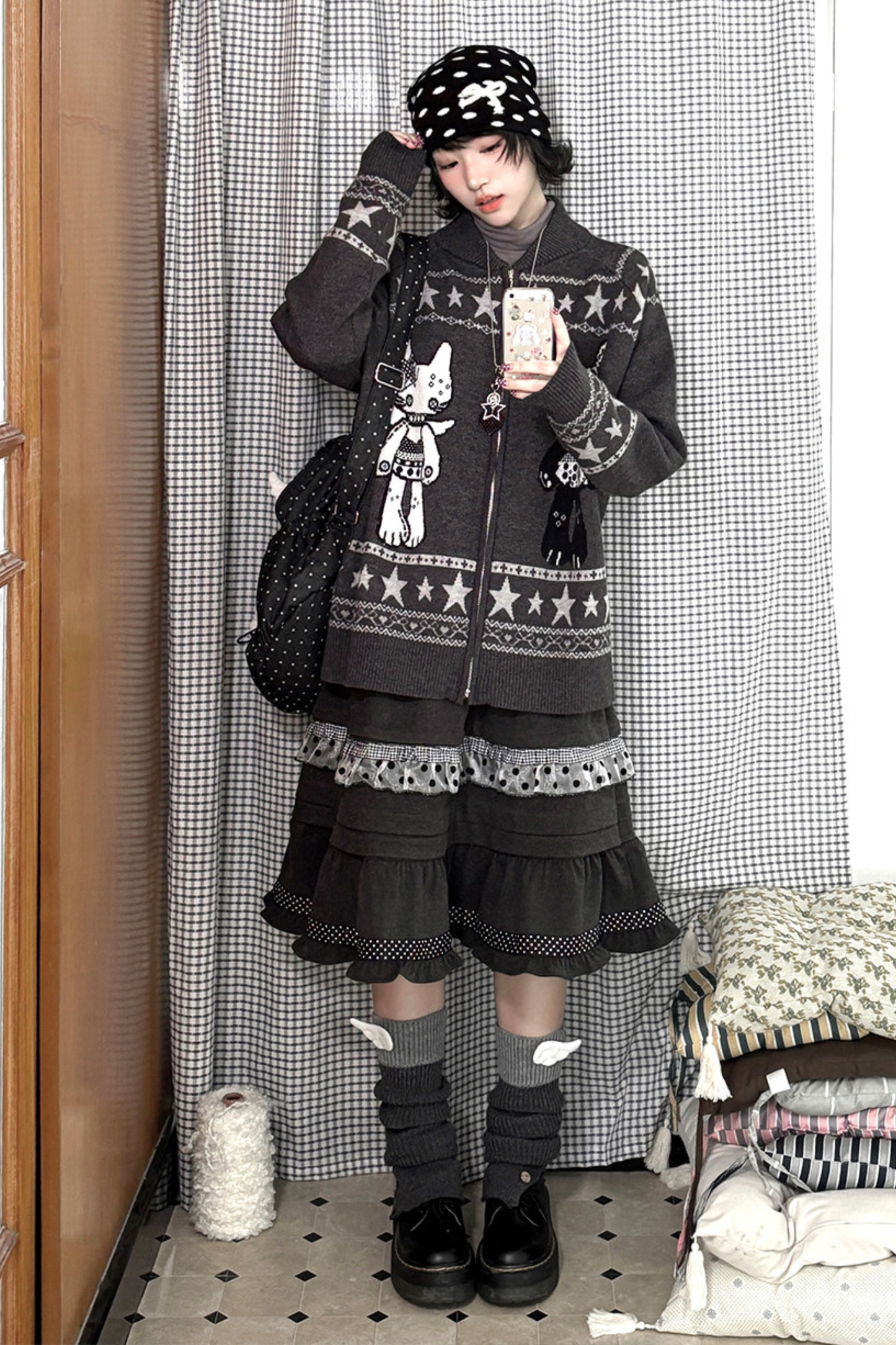 Y2k Jacquard Cardigan + Flared Skirt