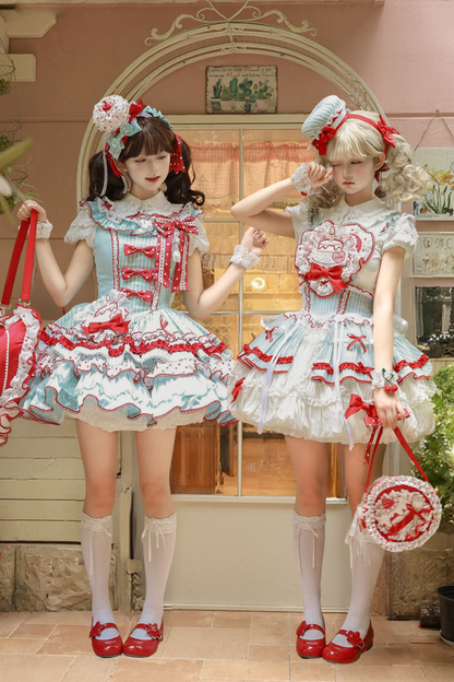 [pre-order Deadline: April 3] Twin Tiered Lolita Dot Ribbon Striped Dress + Flower Bud Skirt Dress