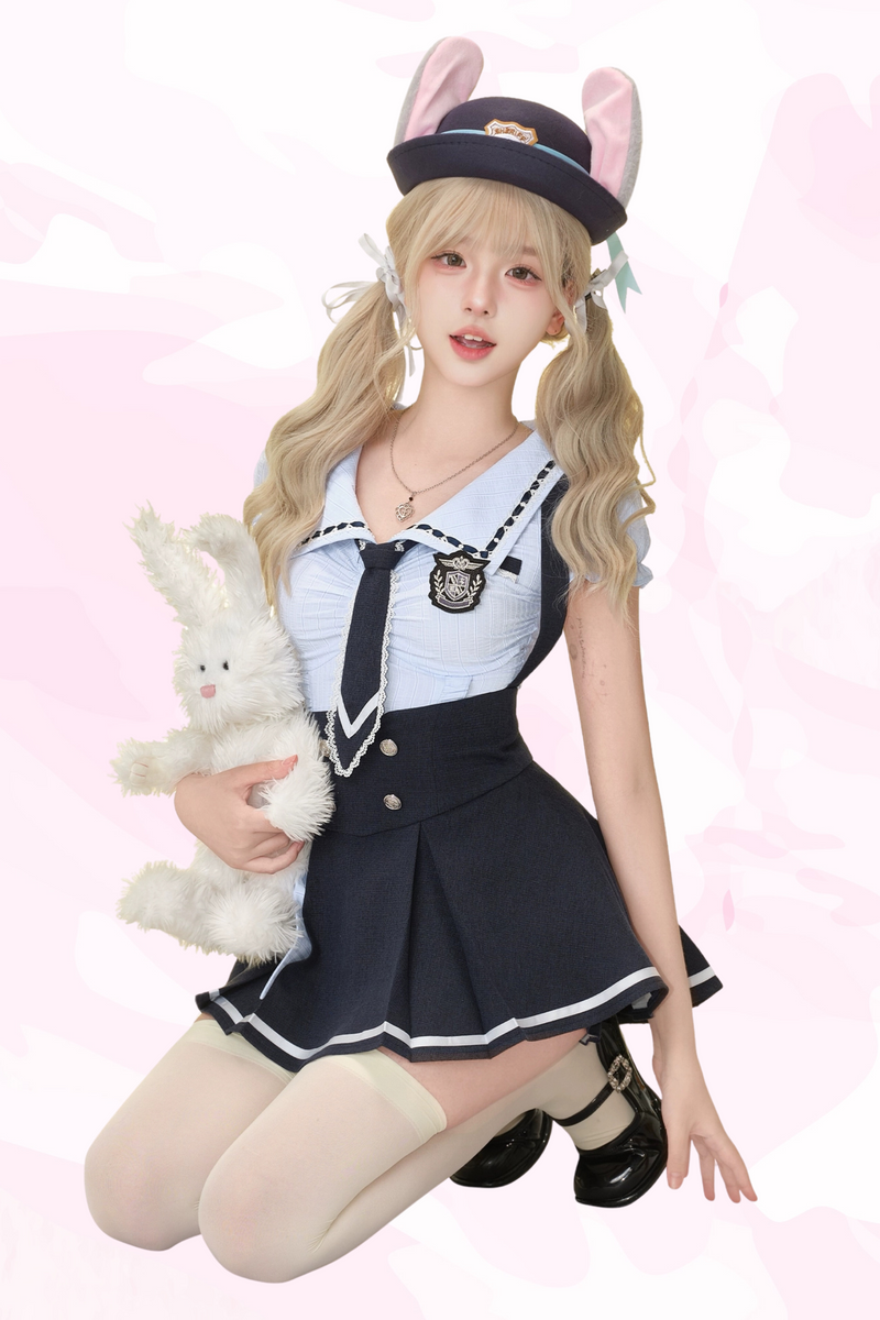 Fiservani Blue Shirt With Tie Badge + Blue Strap Skirt