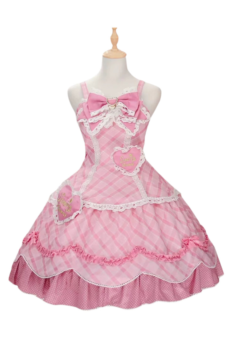 Check Sweet Girly Lolita Tiered Dress + Headband + Hairband