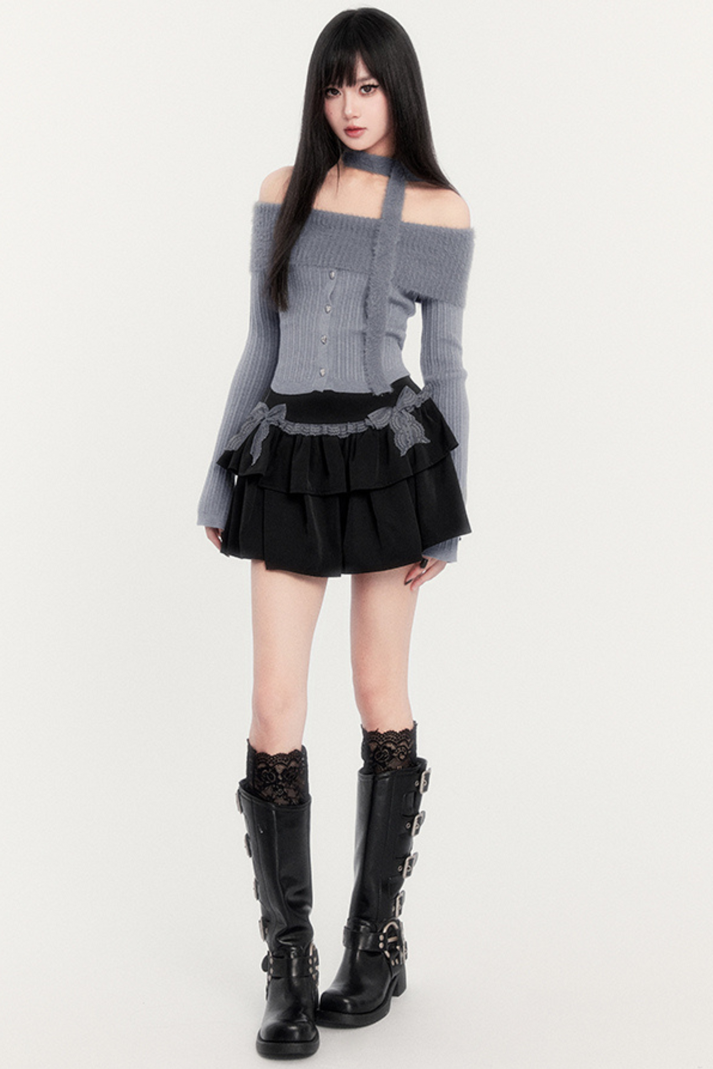 Off Shoulder Knit + Ribbon Tiered Skirt
