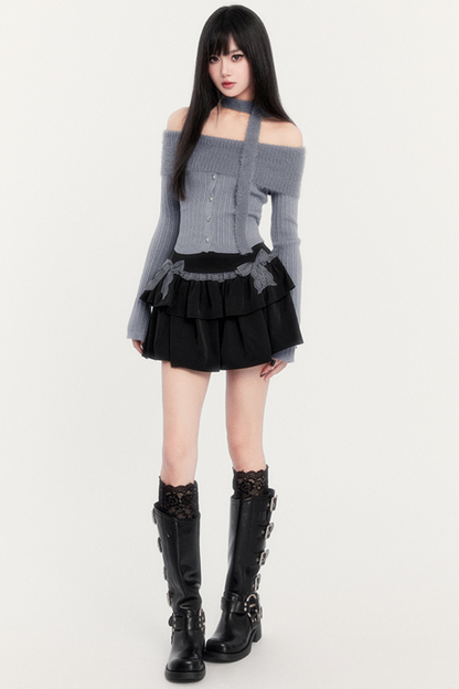 Off Shoulder Knit + Ribbon Tiered Skirt