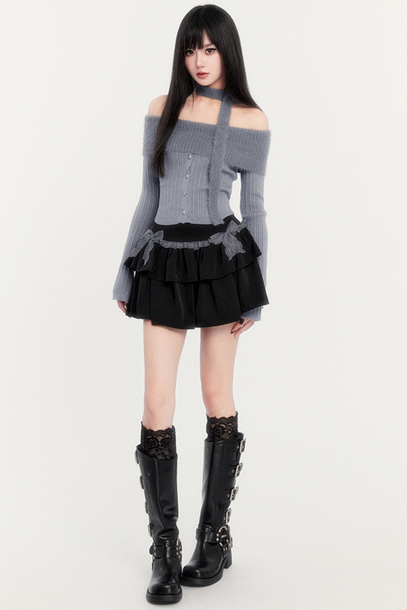 Off Shoulder Knit + Ribbon Tiered Skirt
