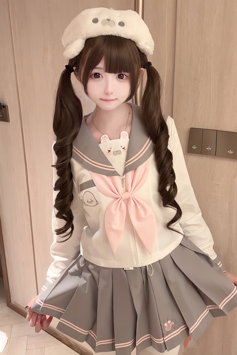 Sweet Girly Sailor Top + Skirt + Ribbon + Brooch