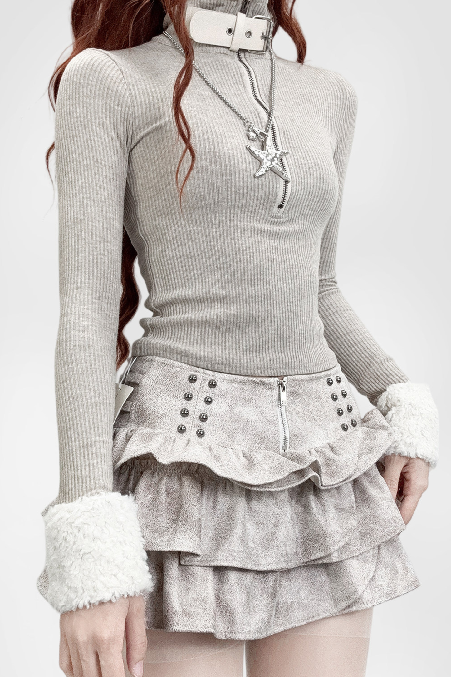 Fur Sleeve Knit Top