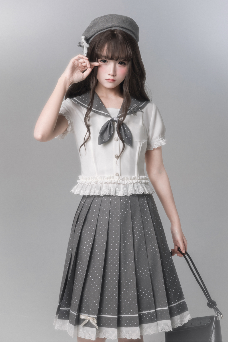Sweet College Style Top + Polka Dot Pleated Skirt + Bow Tie