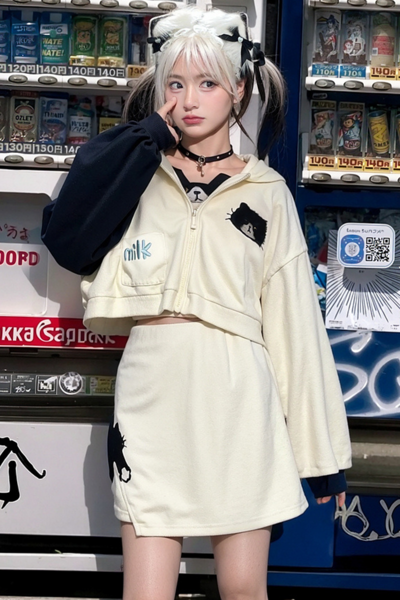 Cat Ear Hooded Short Parka + Camisole + Skirt