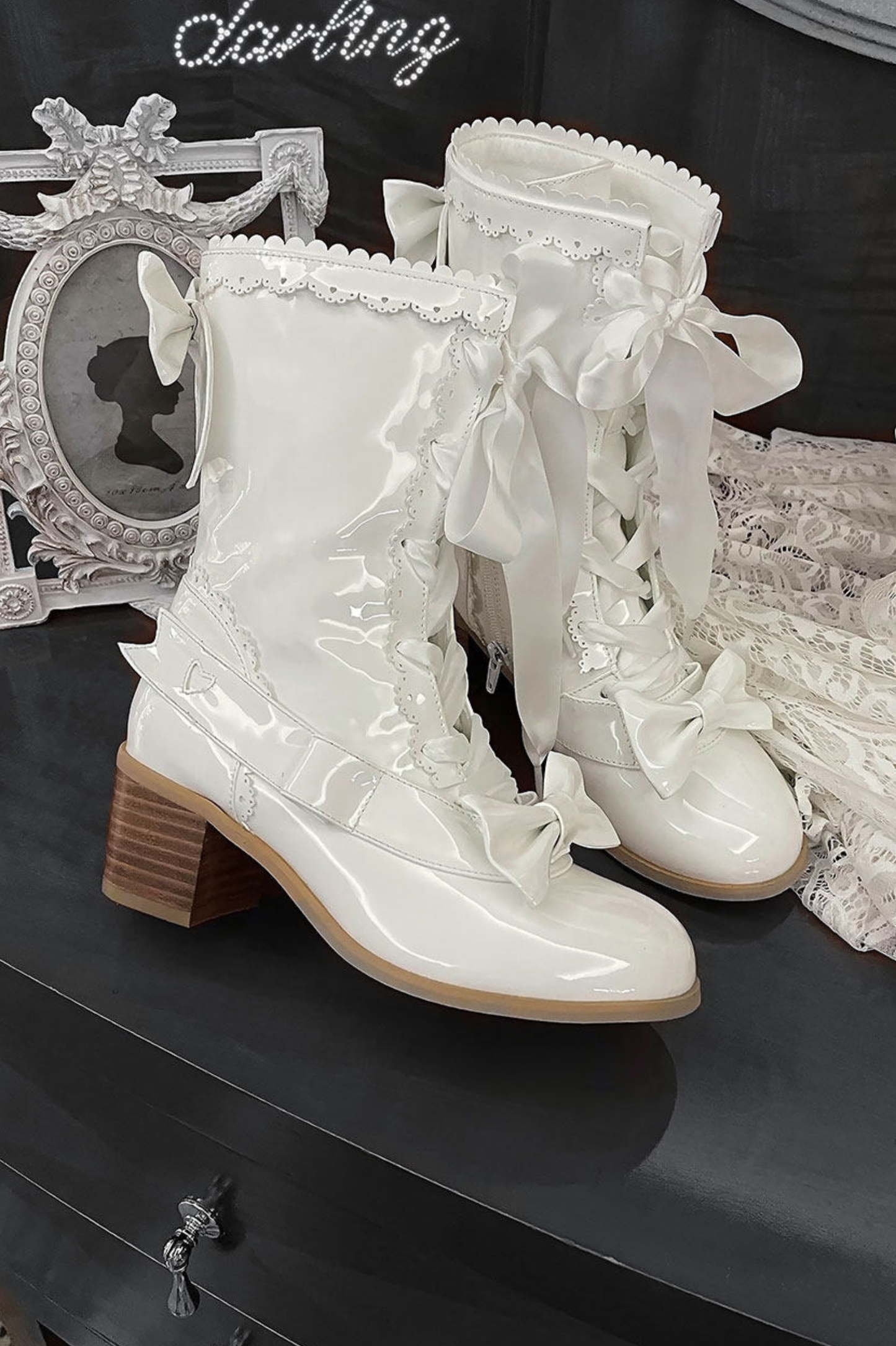 Ribbon Lace Up Mid Calf Boots