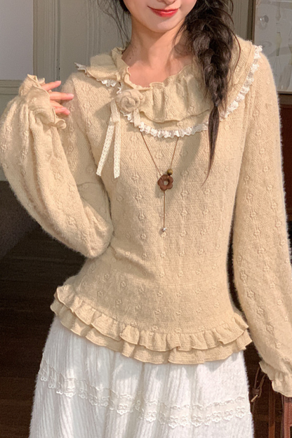 Lace Collar Long Sleeve Top