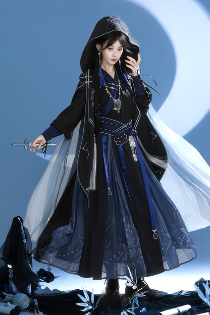 Dark Chinese-style Hooded Top + Belt + Cape + Necklace + Skirt