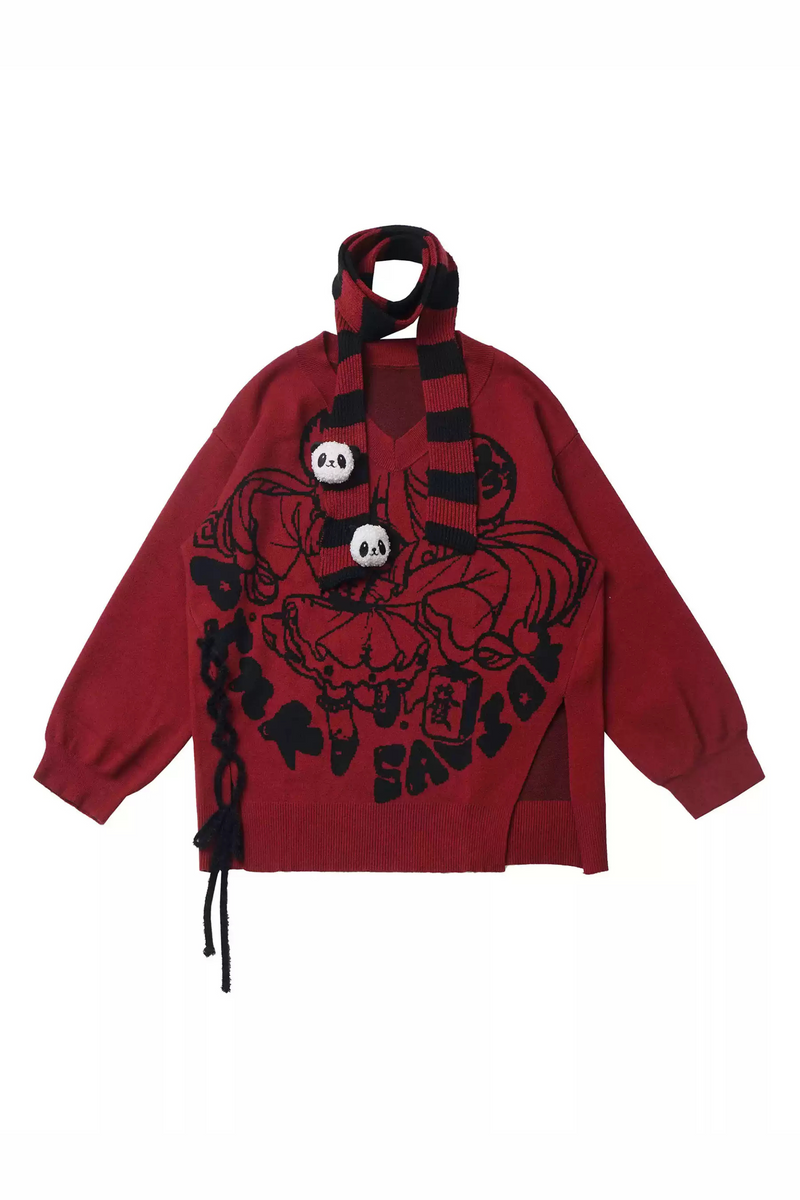 Chinese-style Illustration V Neck Knit Slim Sweater Design Shirt & Skirt Set