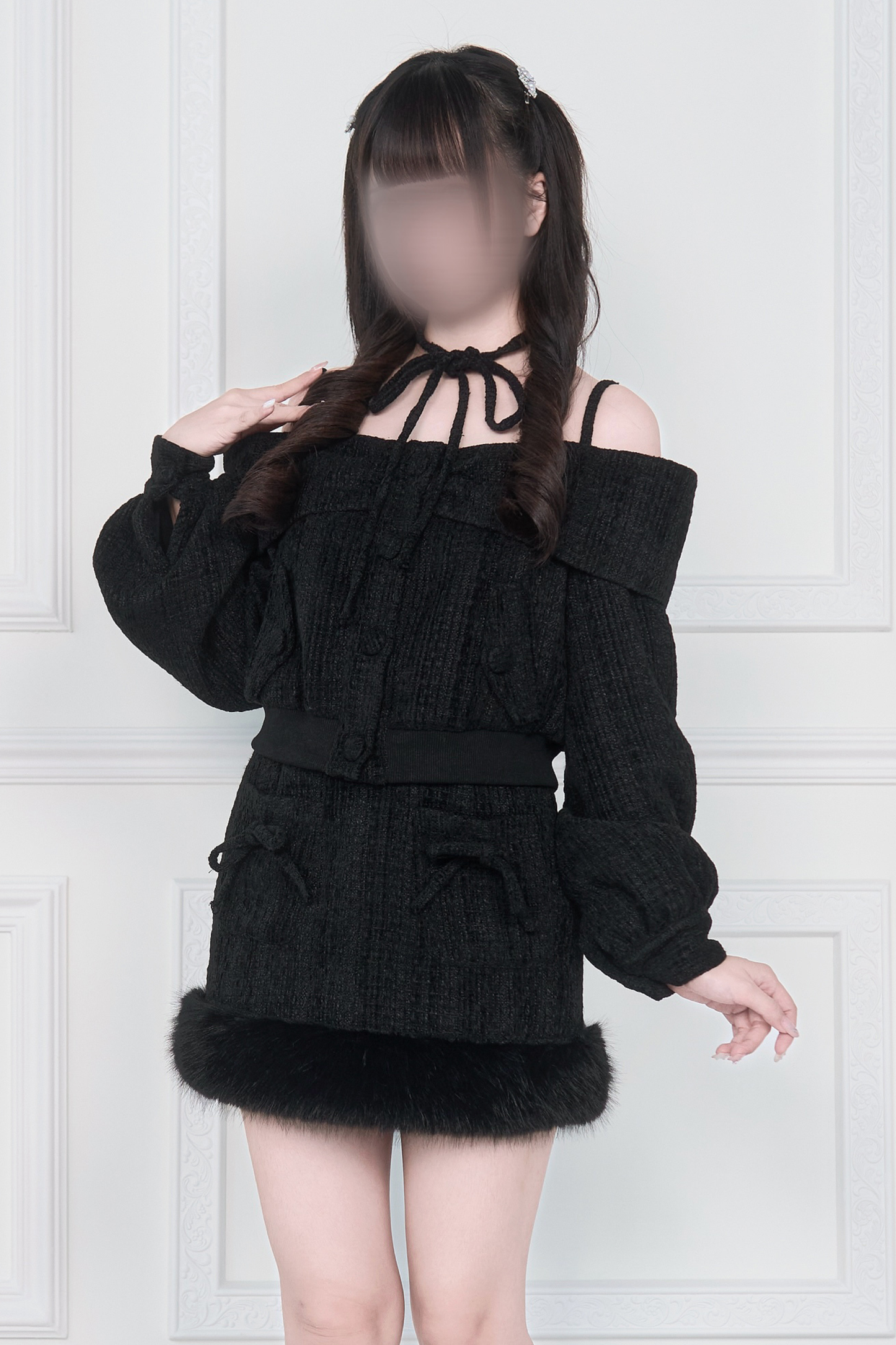Off-the-shoulder Ribbon Top + Fur Skirt