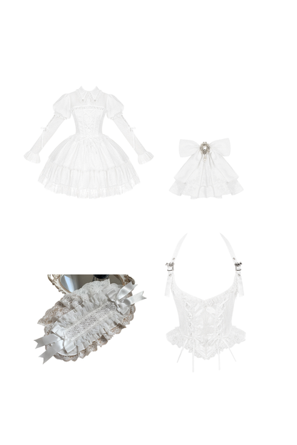 White Gothic Gemini Lolita Dress + Corset + Ribbon + Headband + Veil