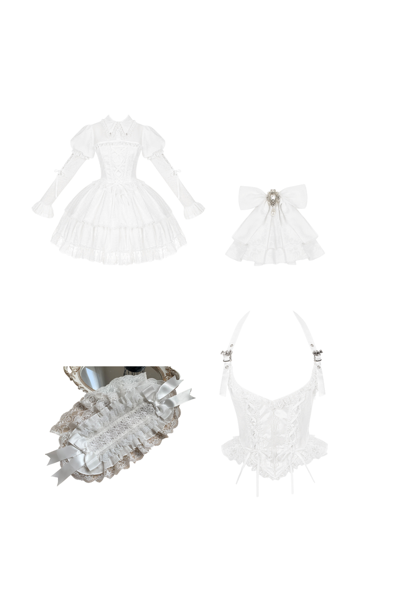 White Gothic Gemini Lolita Dress + Corset + Ribbon + Headband + Veil