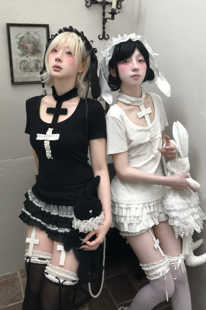 Gothic Style Cross T-shirt + Cross Collar + Pumpkin Pants