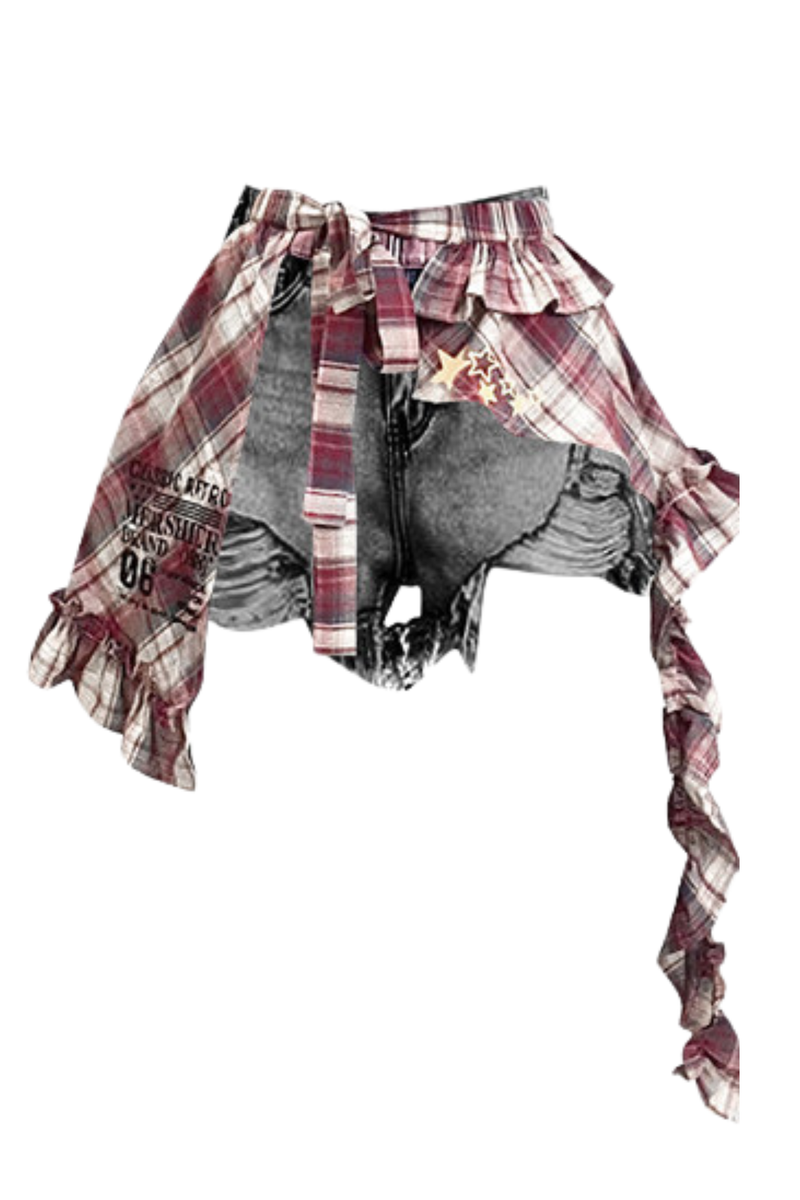 Retro Black Denim Pants + Plaid Curtain
