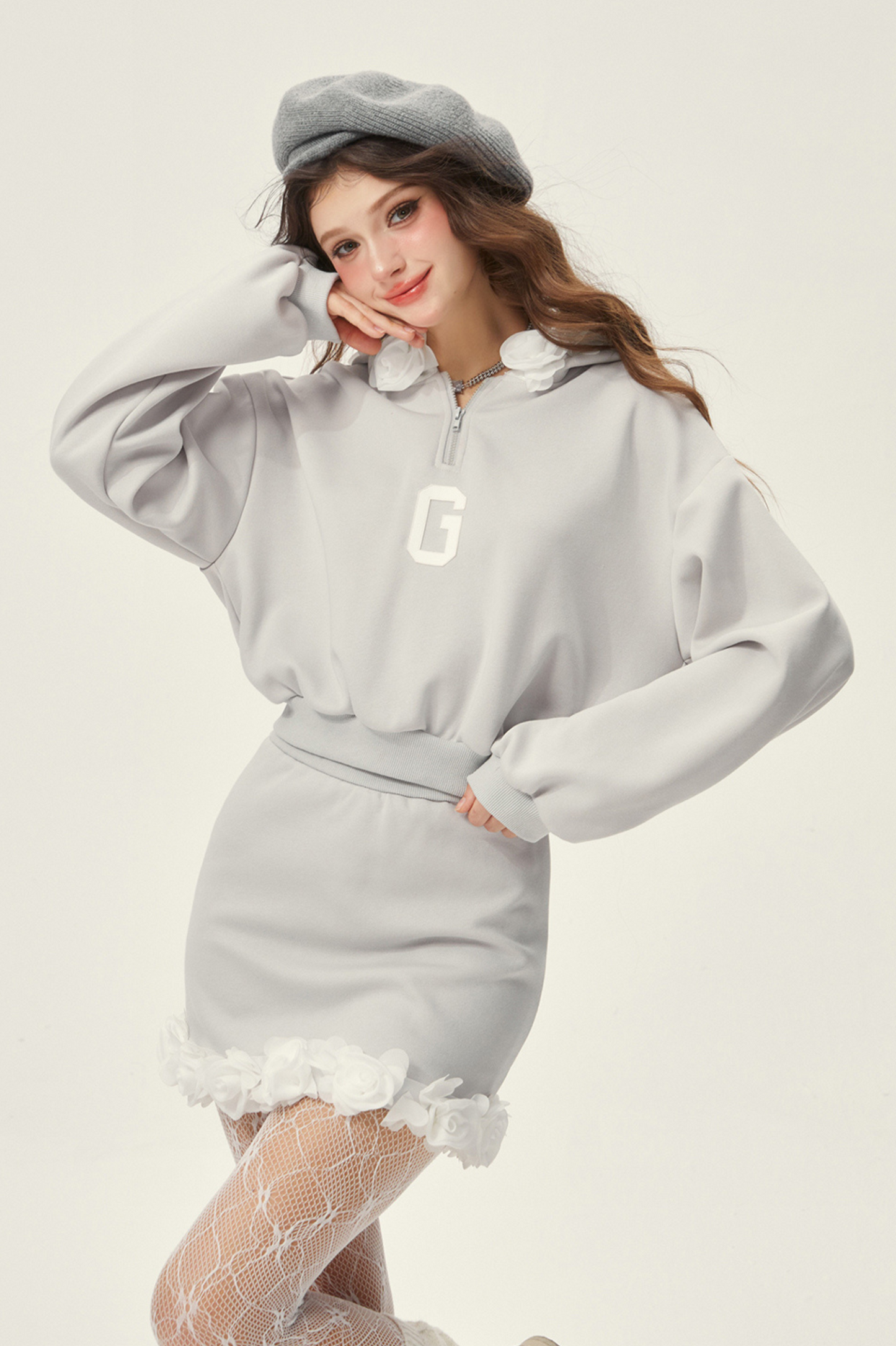 Gray Hooded Top + Ruffle Tight Skirt