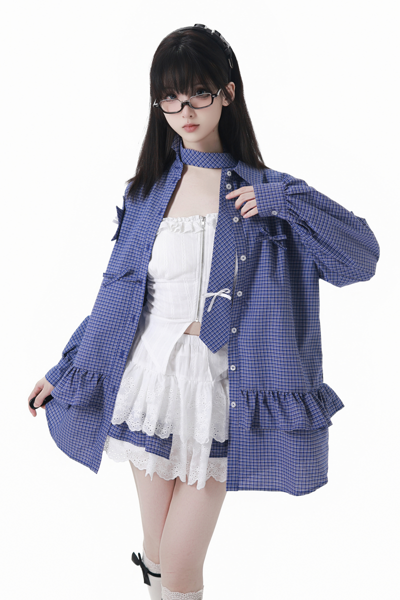 Plaid Tie Blouse Ursus Camisole + Skirt + Short Top