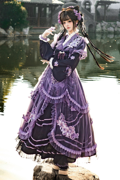 Chinese-style Purple Dress + Outer Dress + Long Skirt
