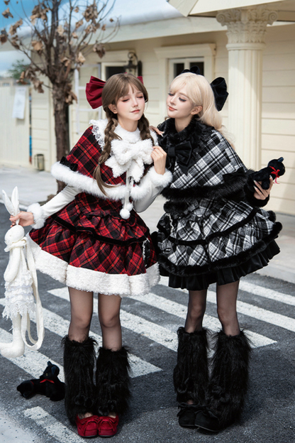 Checked Doll Jumper Skirt + Bow Brooch + Pin + Love Brooch + Shawl + Top + Leg Warmers