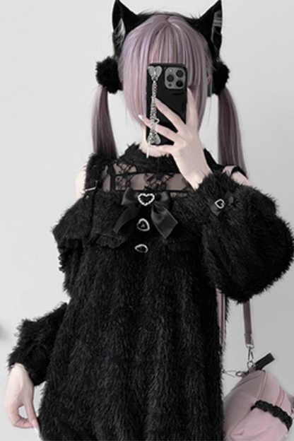 [pre-order] Jirai Lace Ribbon Long Black Sweater + Short Skirt