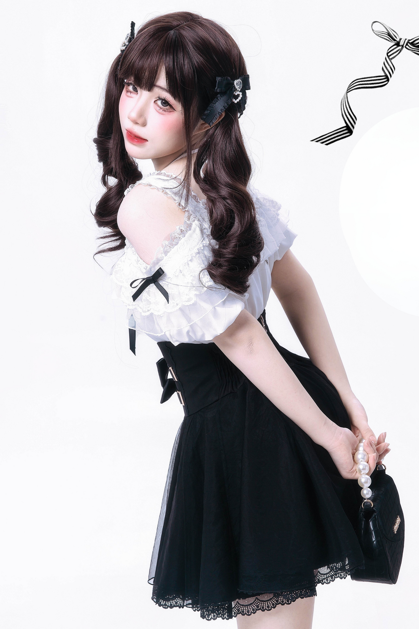 [pre-order] Sweet Dark Kawaii Ribbon Blouse + High Waist Skirt + Large Ribbon