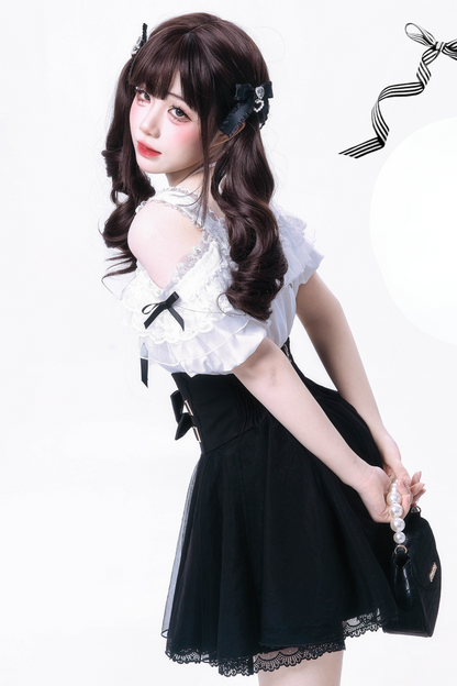 [pre-order] Sweet Dark Kawaii Ribbon Blouse + High Waist Skirt + Large Ribbon