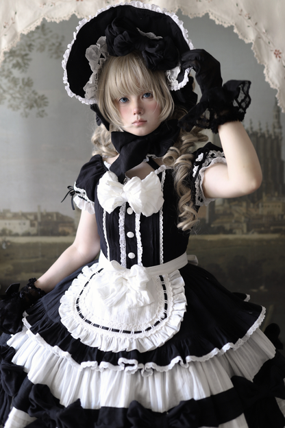 Monochrome Doll Lolita Dress + Headband + Bonnet + Clip
