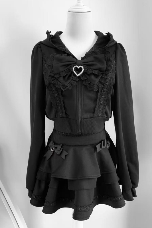 Ribbon Girly Cat Ear Hooded Zip Hoodie + Flare Skirt