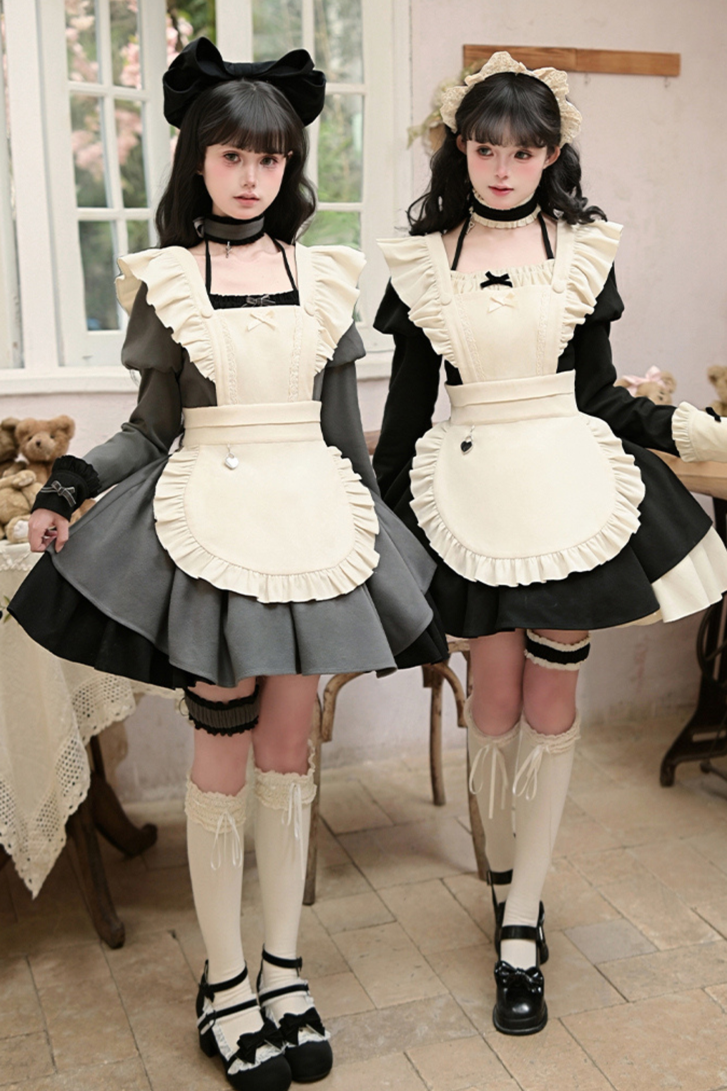 Twin Ruffle Maid Lolita Dress + Apron + Choker + Headband + Bow + Leg Warmers