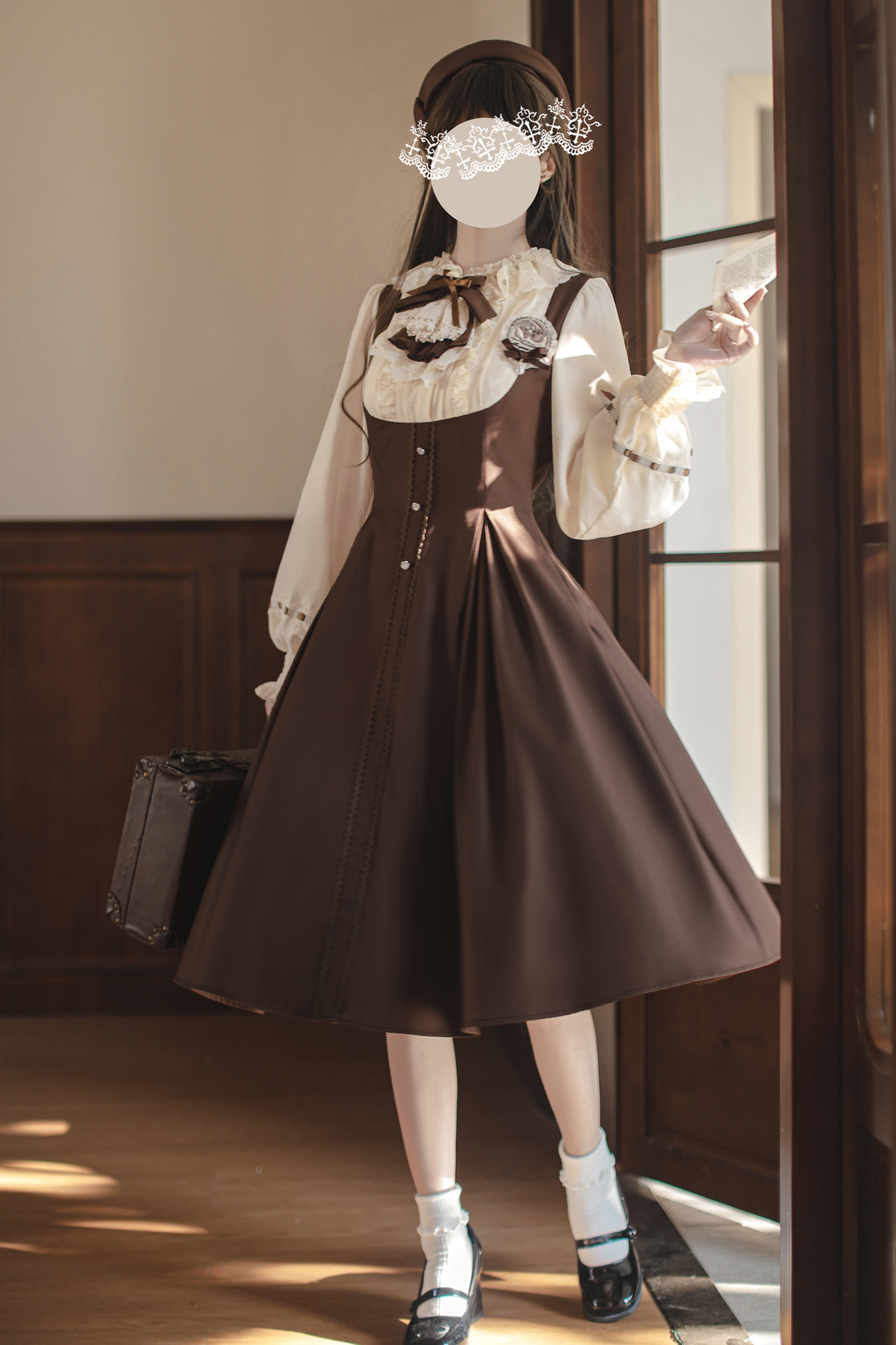 French Brown Lolita Dress + Cape + Beret + Badge