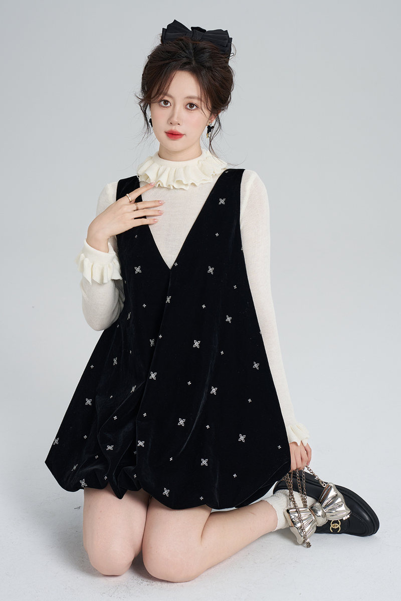 French Black Velvet Ribbon Balloon Dress