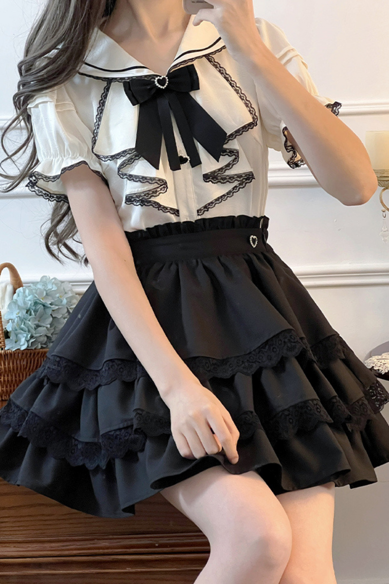 Jirai Sailor Ribbon Top + Ruffle Skirt