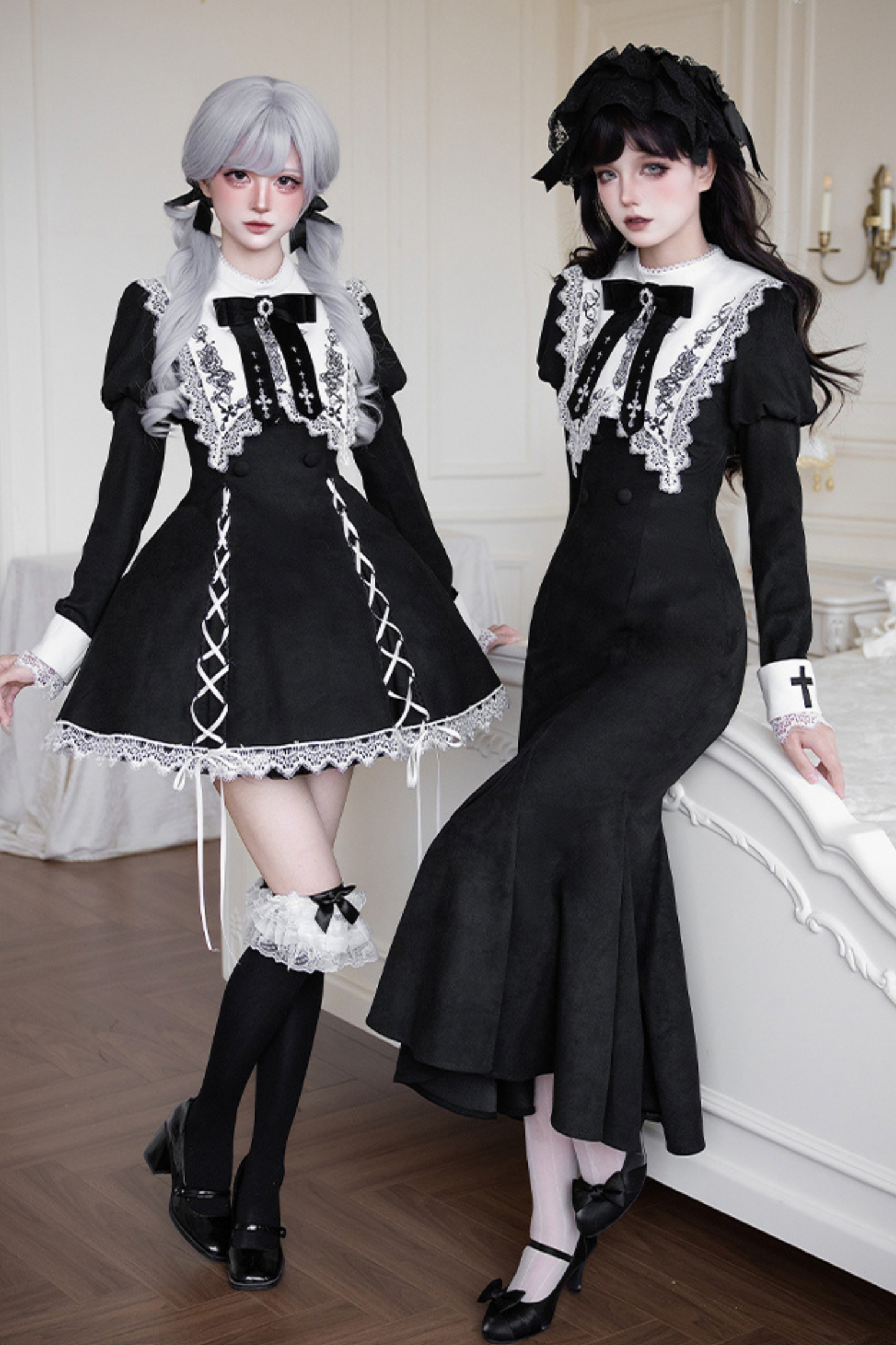 Mermaid Dress + Lace-up Short Dress + Cloak + Collar + Ribbon Brooch