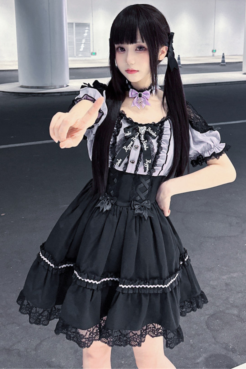 Purple Lace Sweetheart Dress + Ribbon Clip + Necklace