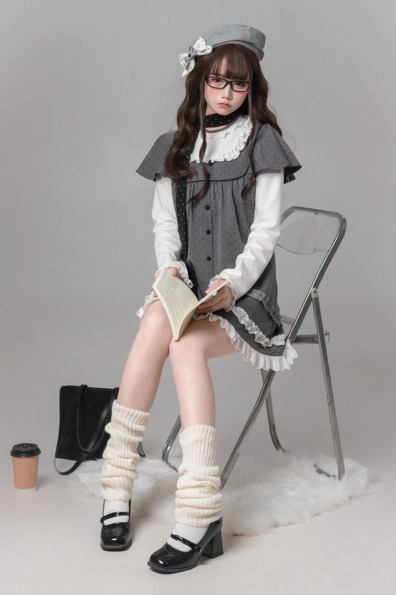 Gray Polka Dot Doll Dress + Beret