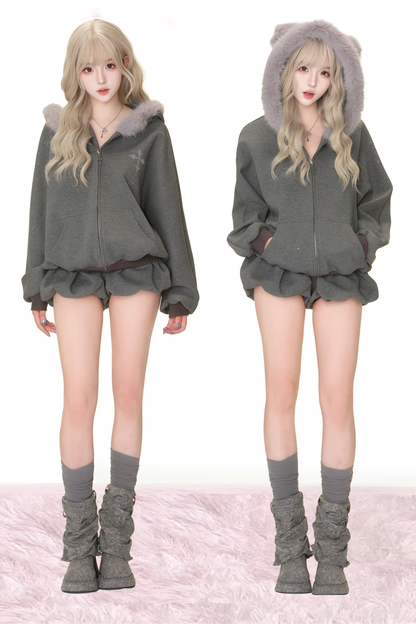 Cross Fur Hooded Jacket + Pants