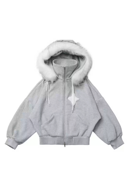 Starry Night Faux Fur Hoodie Plush Jacket Top Plaid Bottoms Set