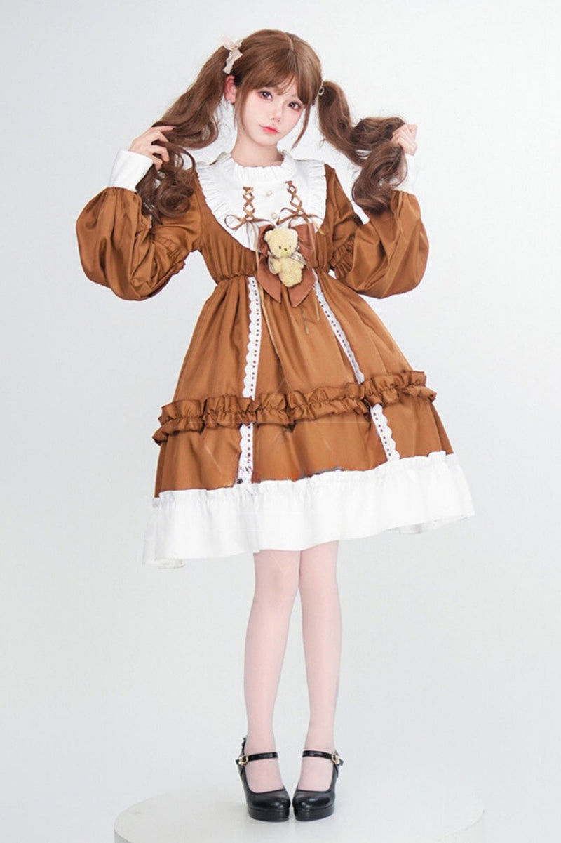 Doll Lace-up Lolita Dress + Bustle + Bear Ribbon