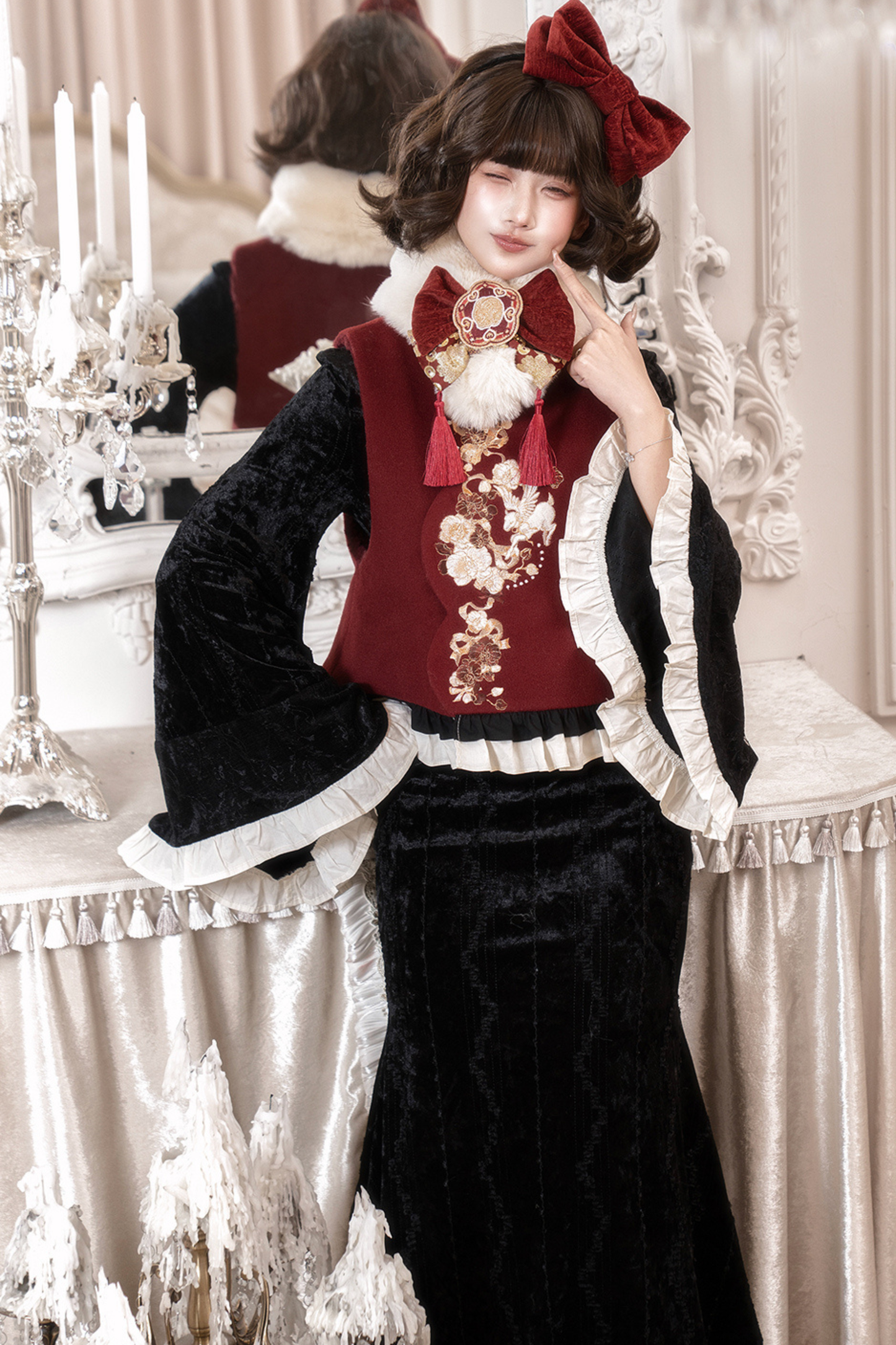 Retro Fish Tail Chinese-style Dress + Vest + Fur Scarf