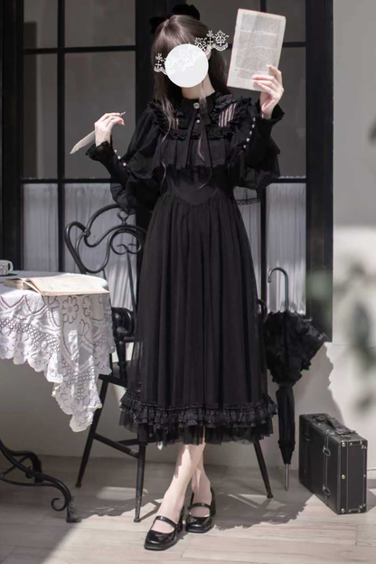 Dark Black Dot Gauze Shawl Dress