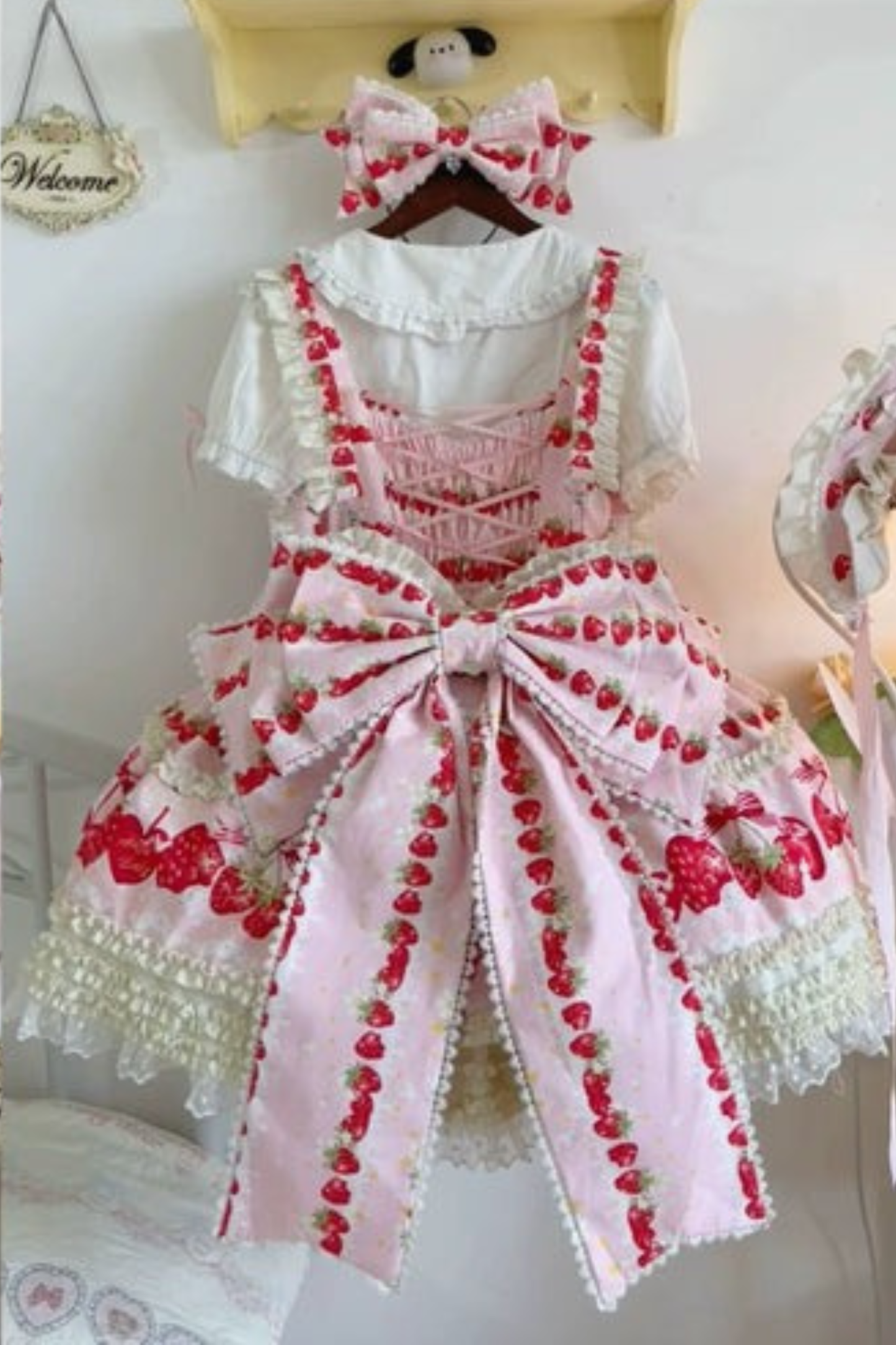 Strawberry Lolita Jumper Skirt + Rabbit Hair Scarf + Big Ribbon + Top + Hat + Bonnet